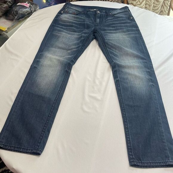 True Religion Men's Plaid Insert Big T Straight Stretch Denim Jeans Size 38 X 34 - Picture 2 of 11